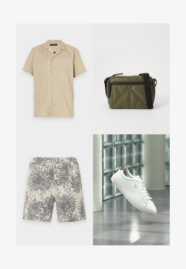 Beige shirt met korte mouwen, verticale ribbels, kraagontwerp, knoopsluiting en een ontspannen pasvorm.; Brede gebreide shorts in crème en zwart met een textuur, abstract patroon. Een elastische tailleband biedt comfort en gemak van dragen.; Witte leren lage sneaker met veters, zwarte hielstrook en "BOSS"-logo, zwevend binnenshuis bij een glazen stenen muur en gepolijste vloer.; Olijfgroene gewatteerde stoffen tas met een zwarte schouderband, voorzien van een bovenste ritssluiting en een externe ritszak met geometrische patroonaccenten.