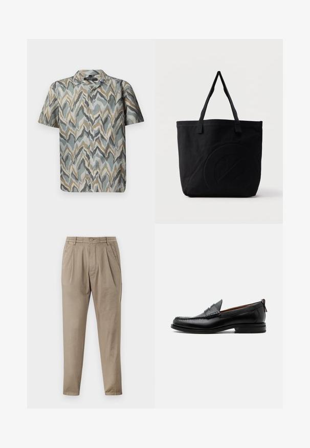 Chemise à manches courtes avec un motif en vagues dans des teintes de turquoise, gris, beige et or. Fabriquée en tissu léger avec un devant à boutons.; Pantalons beige en tissu doux, dotés d'une coupe décontractée, d'un devant plissé, d'une taille élastique et de jambes fuselées.; Mocassin homme en cuir noir avec couture moc toe, bride penny, col texturé et petit talon empilé sur fond blanc.; Sac fourre-tout en toile noire avec deux bandoulières et un motif circulaire discret en relief sur le devant.