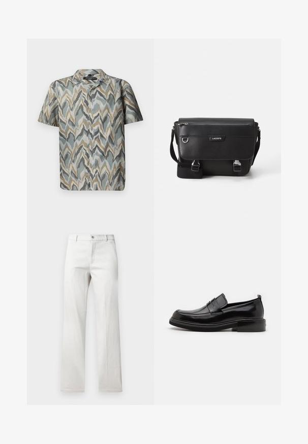 Chemise à manches courtes avec un motif en vagues dans des teintes de turquoise, gris, beige et or. Fabriquée en tissu léger avec un devant à boutons.; Pantalon gris clair avec une coupe droite, fabriqué dans un tissu lisse, doté d'une fermeture à bouton à l'avant et de poches latérales.; Calvin Klein MOCCASIN - Mocassins de ville - black; Sac messager Lacoste noir texturé avec bandoulière ajustable, rabat avant, poche zippée et fermetures à boucle en métal.