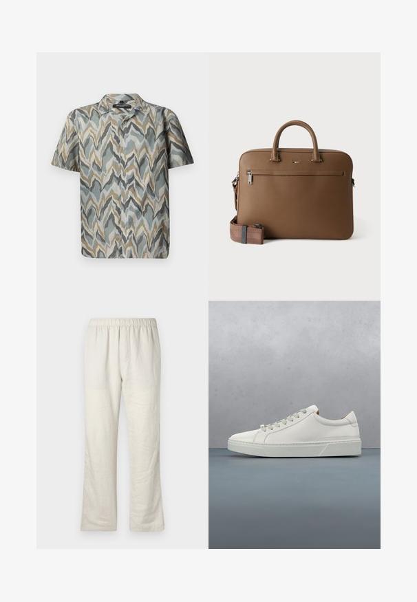 Chemise à manches courtes avec un motif en vagues dans des teintes de turquoise, gris, beige et or. Fabriquée en tissu léger avec un devant à boutons.; Pantalons en lin léger beige avec taille élastique, coupe droite, et sans poches ni fermetures visibles.; Baskets en cuir blanc avec un bout arrondi, design minimaliste, lacets gris et semelle en caoutchouc gris texturé. Détails de couture subtils visibles.; Mallette en cuir marron avec poignées supérieures, poche avant zippée et bandoulière assortie amovible sur fond blanc.
