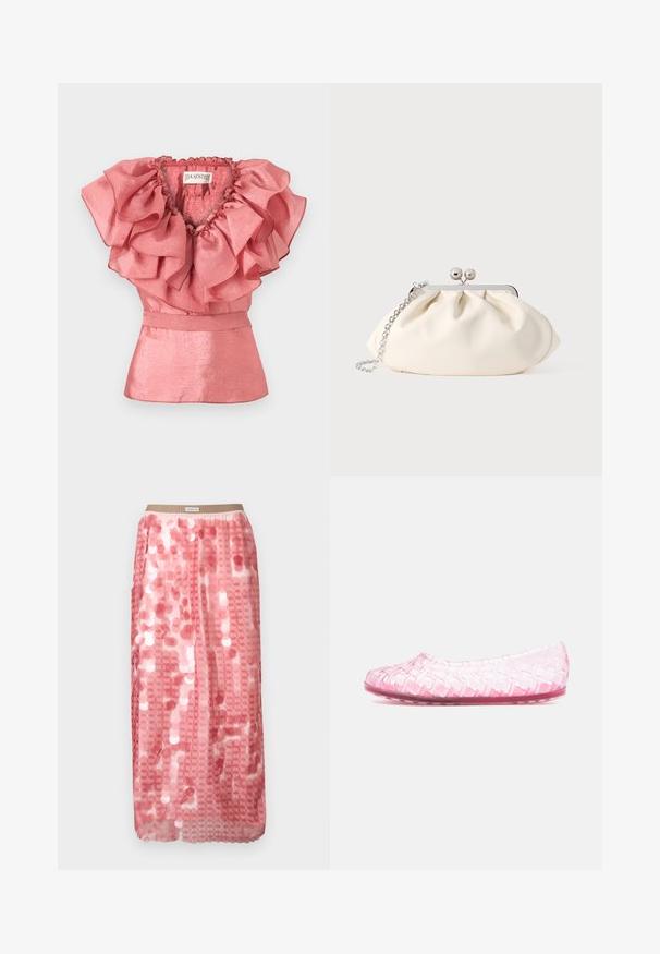 Haut sans manches rose en tissu brillant avec un grand col à volants superposés, cintré à la taille avec une subtile basque.; Jupe rose longue jusqu'au sol en tissu transparent ornée de sequins circulaires, avec une ceinture élastique beige. Surface texturée qui reflète la lumière.; Chaussure plate en plastique tissé translucide rose, avec bout arrondi et talon bas, présentée sur un fond blanc uni.; Pochette en tissu crème avec un design froncé, cadre en métal argenté, deux boules décoratives, et une bandoulière chaîne argentée.