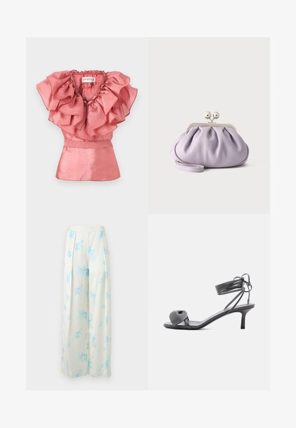 Haut sans manches rose en tissu brillant avec un grand col à volants superposés, cintré à la taille avec une subtile basque.; Pantalon blanc à jambes larges avec imprimé floral bleu clair, devant plissé, et taille haute sur fond uni.; Sandale à talon en cuir gris avec une bride nouée sur les orteils et des lacets enroulants autour de la cheville, sur un talon moyen et fin, sur fond blanc.; Pochette lavande douce avec tissu froncé, fermoir kiss-lock argenté et bracelet assorti sur un fond clair uni.