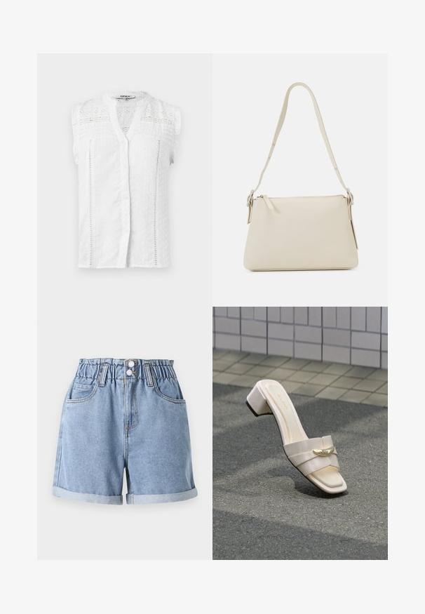 Blouse sans manches blanche avec un devant boutonné, tissu texturé, accents en dentelle et épaules froncées. Présente un col classique et des motifs délicats.; Shorts en denim bleu clair avec une taille élastique, deux poches avant, ourlets retroussés et fermeture à double bouton. Texture lisse, design décontracté.; Sandale à talon beige simple avec un élément décoratif doré sur une surface en asphalte texturée près d'un mur carrelé.; Sac à épaule beige en cuir lisse avec une fermeture éclair. Présente un design simple, une bandoulière fine et des accents en métal.