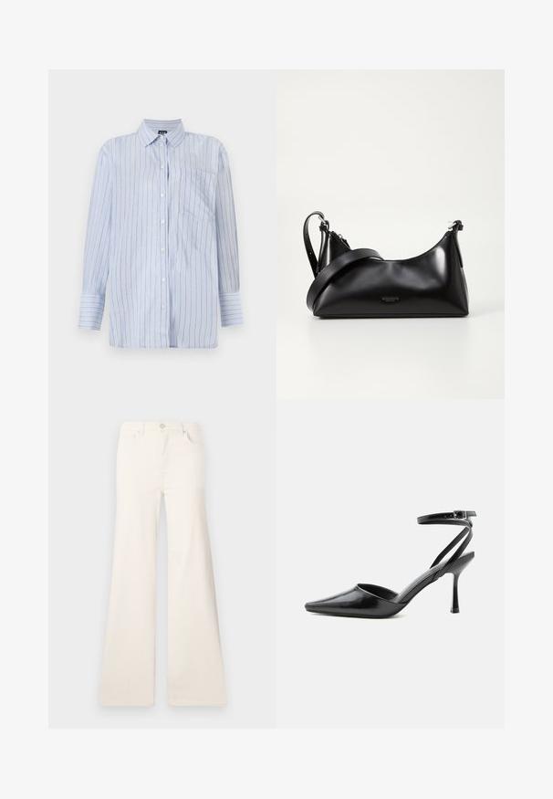 Gestreiftes Button-Up-Hemd in Blau aus leichtem Baumwollstoff, mit vertikalen weißen und dünnen goldenen Streifen, einer Brusttasche und langen Ärmeln.; ONLY Wide-fit ONLMADISON High waist Wide Leg Fit - Wide Leg - ecru; Schwarzer spitzer High Heel mit dünnen Knöchelriemen und silberner Schnalle auf einfachem hellem Hintergrund.; Schwarze lederne Handtasche mit glatter Textur. Verfügt über einen verstellbaren Riemen und ein elegantes, minimalistisches Design mit einem Reißverschluss.