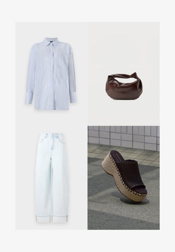 Blåstribet knap-up skjorte i let bomuld, med vertikale hvide og tynde guldstriber, en brystlomme og lange ærmer.; Lyseblå vidde jeans lavet af denim, med høj talje, forlommer og en rullet kant med synlige syninger.; Sort slip-on platformsandal med flettet rebssål og metalnitter på flisebelagt gulv.; Mørkebrun læder skuldertaske med en blød, afslappet form og et snoet knudehåndtag på en ensartet hvid baggrund.
