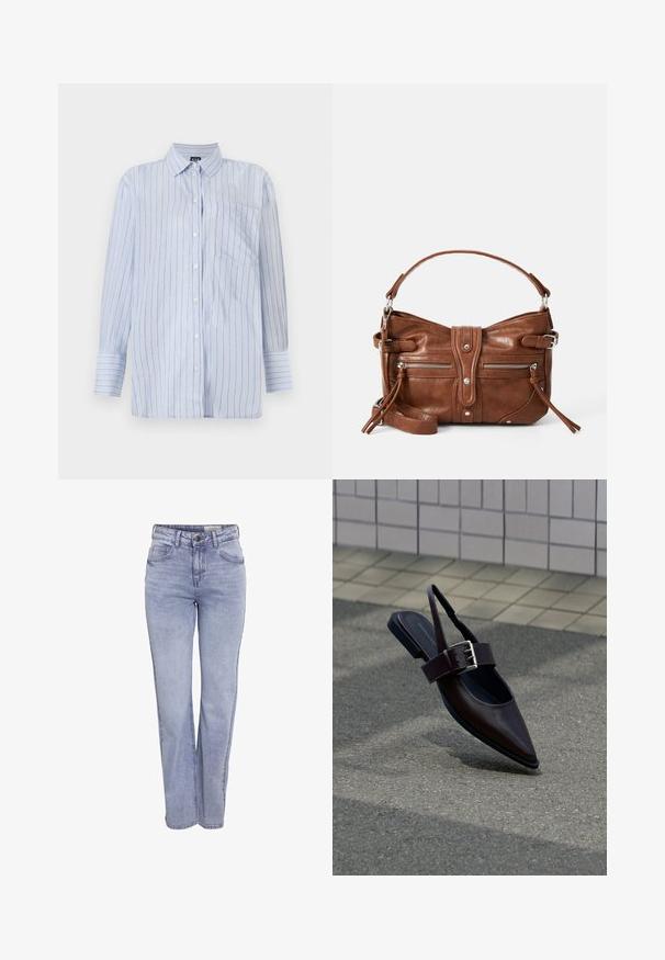 Chemise à boutons rayée bleue en coton léger, avec des rayures verticales blanches et fines rayures dorées, une poche poitrine et des manches longues.; Jean droit bleu clair en denim, doté d'une fermeture à bouton, de cinq poches et d'une décoloration subtile sur le devant et à l'arrière.; Chaussure plate à bout pointu marron foncé avec bride arrière, large sangle et grande boucle argentée sur l'asphalte près d'un mur carrelé.; Sac à main en cuir marron, de forme arrondie, avec deux poches zippées à l'avant et une bandoulière amovible. Il présente des éléments en métal argenté et des coutures.
