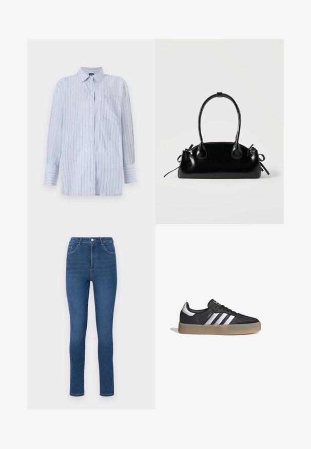 Camisa de botones a rayas azules en algodón ligero, con rayas verticales blancas y finas doradas, un bolsillo en el pecho y mangas largas.; Vaqueros ajustados de denim azul oscuro con cintura alta, cinco bolsillos y detalles de costura sutiles. La tela parece suave y ligeramente elástica.; Zapatilla deportiva de cuero negro con tres rayas plateadas, punta texturizada y suela de goma. Cuenta con un collar acolchado y un diseño con cordones.; Pequeño bolso negro brillante con dos asas largas y detalles de cordón lateral sobre un fondo claro liso.