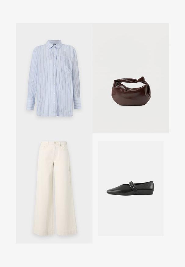 Gestreiftes Button-Up-Hemd in Blau aus leichtem Baumwollstoff, mit vertikalen weißen und dünnen goldenen Streifen, einer Brusttasche und langen Ärmeln.; Weite, hellbeige Jeanshose mit hoher Taille, zwei vorderen Taschen, Knopfverschluss und dezenten Nähten.; Schwarze Lederflachschuhe mit spitzem Zehenbereich, ausgestattet mit einem metallischen Riemen über dem Spann und einer niedrigen, flexiblen Sohle.; Dunkelbraune Lederschultertasche mit weicher, lockerer Form und einem gedrehten Knotengriff vor schlichtem weißem Hintergrund.
