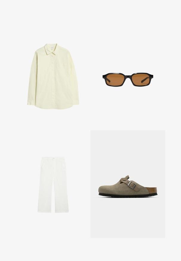 Chemise à manches longues jaune clair en coton, avec un devant à boutons, un col et une poche à la poitrine gauche. Texture lisse, coupe standard.; Pantalon blanc à jambes larges cropped avec poches avant, passants pour ceinture et fermeture par bouton à la taille.; Sabots en velours côtelé vert olive clair avec une semelle en liège et en caoutchouc moulée. Dispose d'une sangle latérale avec une boucle en métal et d'un bout arrondi.; Lunettes de soleil rectangulaires noires avec des montures épaisses et des verres teintés marron, vues de face sur un fond blanc.