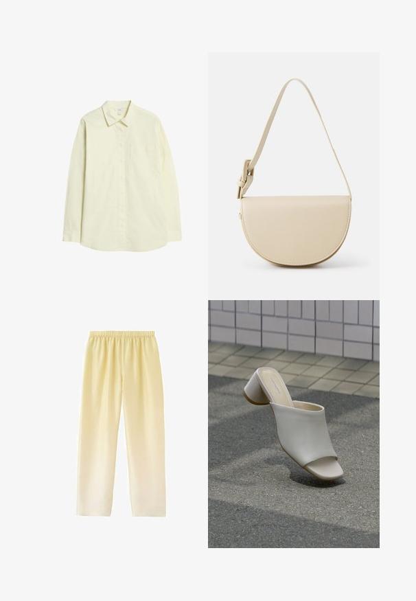Chemise à manches longues jaune clair en coton, avec un devant à boutons, un col et une poche à la poitrine gauche. Texture lisse, coupe standard.; Pantalon ample jaune clair avec taille élastique et jambes droites, présenté sur un fond blanc.; Mule blanche à bout ouvert avec talon bloc sur sol pavé près d'un mur carrelé, inclinée pour montrer les vues latérale et supérieure.; HVISK NOMI SOFT STRUCTURE - Sac à main - bone white