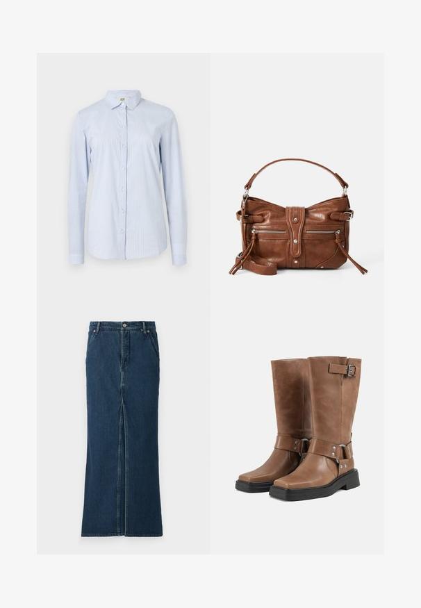 Chemise à manches longues rayée bleu et blanche en coton léger. Équipée d'un col, d'une boutonnière à l'avant et d'une silhouette ajustée avec des manches à poignets.; Good American FIT AND FLARE MAXI SKIRT - Jupe en jean - indigo; Paire de bottes mi-mollet en cuir marron avec semelles épaisses noires, brides latérales avec boucles et rivets métalliques, et bouts carrés.; Sac à main en cuir marron, de forme arrondie, avec deux poches zippées à l'avant et une bandoulière amovible. Il présente des éléments en métal argenté et des coutures.