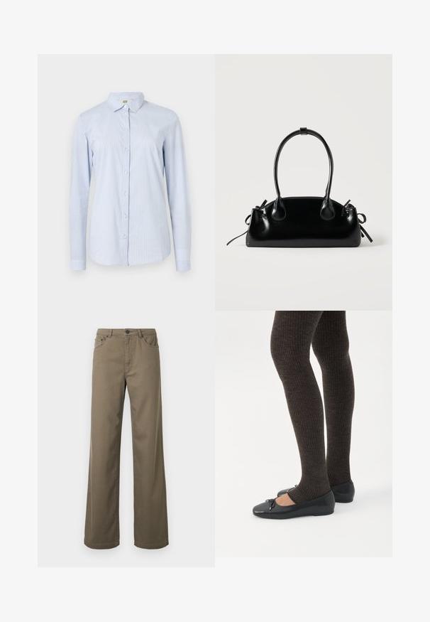 Chemise à manches longues rayée bleu et blanche en coton léger. Équipée d'un col, d'une boutonnière à l'avant et d'une silhouette ajustée avec des manches à poignets.; Pantalon à jambes larges en coton vert olive, doté d'une fermeture à boutons, de passants pour ceinture, et d'un design à cinq poches avec une texture lisse et durable.; Jambes portant des leggings côtelés foncés associés à des ballerines noires avec de petits détails en nœud sur fond blanc.; Petit sac à main noir brillant avec deux longues anses et des détails à cordon sur les côtés sur un fond clair uni.