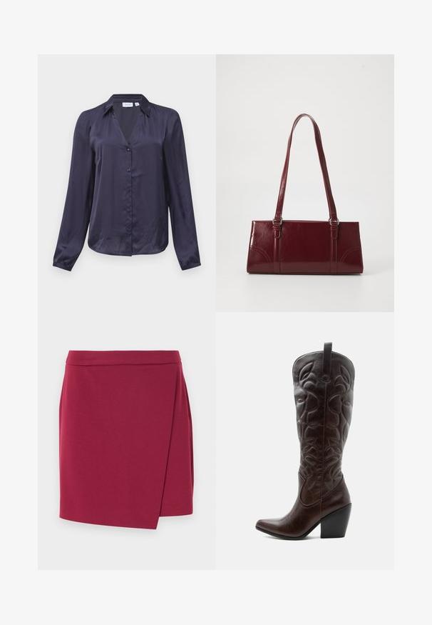 Blouse en satin bleu marine à manches longues, avec col et boutons sur le devant, poignets légèrement froncés et coupe ample.; Jupe portefeuille en bordeaux profond, confectionnée dans un tissu doux. Elle présente une ceinture lisse et un ourlet asymétrique pour une silhouette fluide.; Botte de cowboy haute en cuir marron foncé avec motifs décoratifs cousus, bout pointu et talon bloc empilé.; Sac à main bordeaux en matériau brillant, de forme rectangulaire, avec deux anses et des accents légèrement courbés à l'avant.