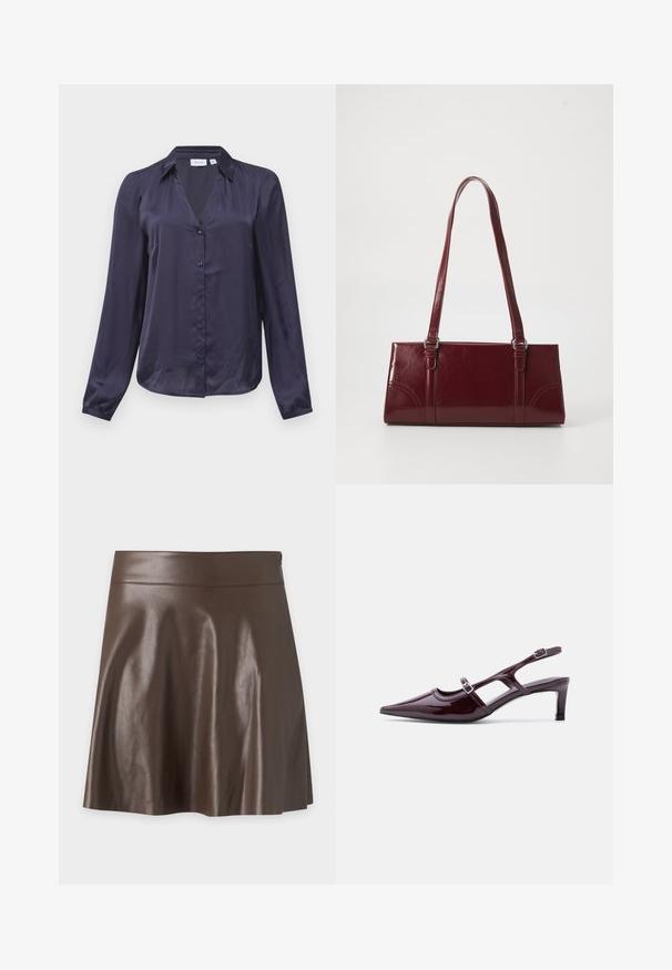Blouse en satin bleu marine à manches longues, avec col et boutons sur le devant, poignets légèrement froncés et coupe ample.; Jupe trapèze en cuir synthétique marron foncé avec une taille haute et une texture lisse légèrement brillante.; Chaussure slingback en cuir verni bordeaux avec bout pointu, talon bas et double bride à boucle réglable.; Sac à main bordeaux en matériau brillant, de forme rectangulaire, avec deux anses et des accents légèrement courbés à l'avant.