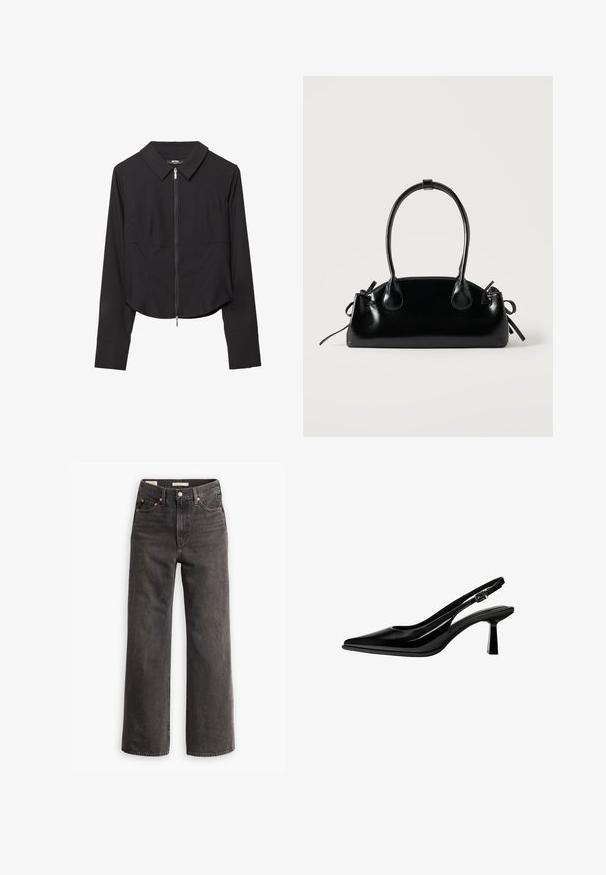 Veste noire courte avec un col, fermeture éclair à l'avant, manches longues et texture lisse. Design simple sans motifs ni accents visibles.; Jeans taille haute et coupe large en denim gris foncé, avec des poches avant, des rivets en cuivre contrastants et une finition épurée sans embellissements.; Escarpin slingback en cuir verni noir avec bout pointu, talon bloc de hauteur moyenne et bride réglable à boucle sur fond blanc.; Petit sac à main noir brillant avec deux longues anses et des détails à cordon sur les côtés sur un fond clair uni.