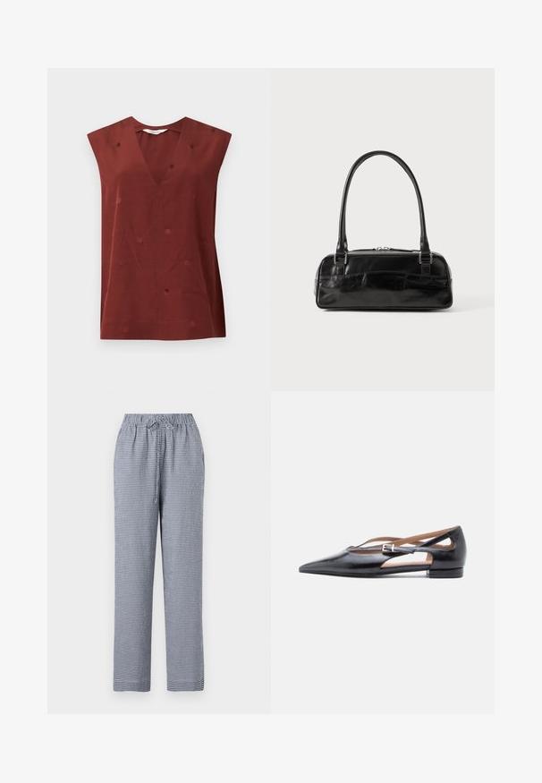 Haut sans manches couleur rouille avec un motif à pois subtil, col en V, coupe ample et droite sur un fond clair uni.; Pantalons à carreaux bleus et blancs avec une taille élastique et un cordon de serrage, présentant un design à jambes droites et un tissu léger.; Chaussures plates en cuir noir avec un bout pointu, des côtés ouverts et une petite bride de cheville ornée d'une boucle argentée.; Sac à main en cuir noir de forme rectangulaire, doté d'une seule ansse structurée, de quincaillerie argentée et d'une fermeture éclair. Texture lisse.