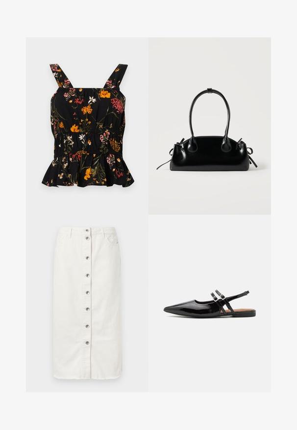 Top peplum noir à fleurs avec bretelles ajustables ; présente des motifs floraux colorés en rose et jaune, une taille froncée et un ourlet volanté.; Jupe midi en denim blanc avec fermeture à boutons sur le devant, deux poches latérales et des accents brodés à la taille. Présente un ourlet brut.; Des chaussures slingbacks en cuir verni noir présentent un bout pointu, deux sangles avec des accents de boucle, et une semelle plate.; Petit sac à main noir brillant avec deux longues anses et des détails à cordon sur les côtés sur un fond clair uni.