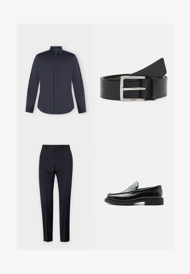Donkerblauw herenoverhemd met lange mouwen, knoopsluiting, puntkraag en knoopmanchetten op een lichtgrijze achtergrond.; Marineblauwe op maat gemaakte broek, met platte voorkant, slim fit, voorzien van riemlussen en zijzakken. Gladde stof met een frisse afwerking, zonder zichtbare patronen of accenten.; Zwarte leren loafer met dikke rubberen zool, gestikte bovenkant en gegraveerde merknaam op de hiel, zijaanzicht op witte achtergrond.; Zwarte leren riem met een rechthoekige zilveren gesp, met subtiele branding en een gladde textuur. De uiteinden lopen taps toe naar een afgeronde finish.