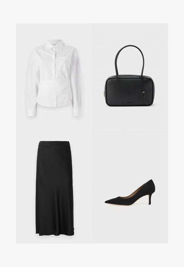 Chemise blanche à manches longues avec col, boutons sur le devant, petite poche poitrine et design enroulé à la taille. Tissu en coton doux.; Jupe midi noire à texture lisse, avec une fente latérale à gauche et une taille élastique, offrant un design simple et classique.; Escarpin en daim noir à bout pointu avec un talon stiletto fin de hauteur moyenne et un design à coupe basse sur un fond uni.; Sac à main rectangulaire noir avec doubles poignées arrondies, fermeture éclair dorée et logo "HUGO" embossé sur le devant avec une étiquette en cuir attachée.