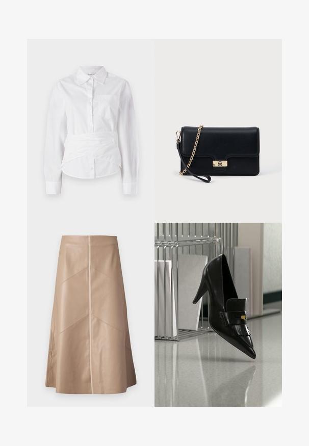 Camisa blanca de manga larga con cuello, botones en el frente, pequeño bolsillo en el pecho y diseño envolvente en la cintura. Tejido de algodón suave.; Falda A-line de cuero sintético beige con sutiles detalles en panel y un acabado mate suave, de largo hasta la rodilla y de cintura alta.; Zapato de tacón alto de cuero negro con punta afilada y flecos decorativos flotando sobre un suelo brillante cerca de una estantería metálica con documentos.; Bolso de mano de cuero negro con un cierre y cadena en tono dorado. Diseño compacto con una textura suave y un detalle mínimo.