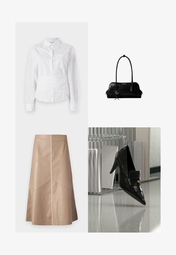 Chemise blanche à manches longues avec col, boutons sur le devant, petite poche poitrine et design enroulé à la taille. Tissu en coton doux.; Jupe A-line en simili cuir beige avec des détails de panneaux subtils et une finition mate lisse, longueur genou et taille haute.; Chaussure à talon haut en cuir noir avec bout pointu et franges décoratives flottant au-dessus d'un sol brillant près d'une étagère métallique avec des documents.; Sac à épaule en cuir noir à texture crocodile, avec de longues sangles et un petit charm logo argenté sur une sangle.