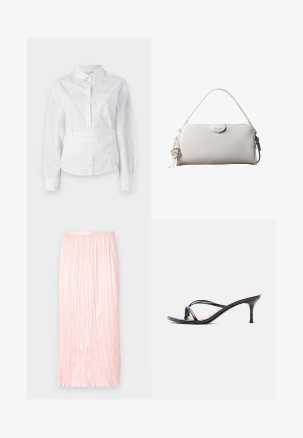 Camisa blanca de manga larga con cuello, botones en el frente, pequeño bolsillo en el pecho y diseño envolvente en la cintura. Tejido de algodón suave.; Falda midi plisada en rosa suave, con una textura suave y una cintura elástica. Diseñada con pliegues verticales que le dan un aspecto fluido.; Sandalia de tacón de charol negro con tiras finas cruzadas y un tacón de aguja delgado de altura media, sobre un fondo blanco.; Bolso rectangular blanco de Calvin Klein con un solo asa, diseño minimalista y borlas decorativas con un charm metálico geométrico en el lateral.