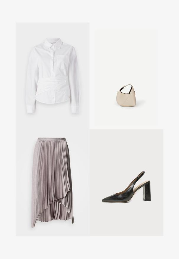 Camisa blanca de manga larga con cuello, botones en el frente, pequeño bolsillo en el pecho y diseño envolvente en la cintura. Tejido de algodón suave.; Falda plisada asimétrica color malva claro con cintura de satén y detalle de dobladillo en capas en cascada sobre fondo liso.; Zapato slingback de piel negra con puntera puntiaguda, tacón alto y ancho, y forro interior beige sobre un fondo claro y liso.; Bolso de cuero beige en forma de media luna con una sola correa para el hombro y costuras mínimas, colocado sobre un fondo blanco liso.