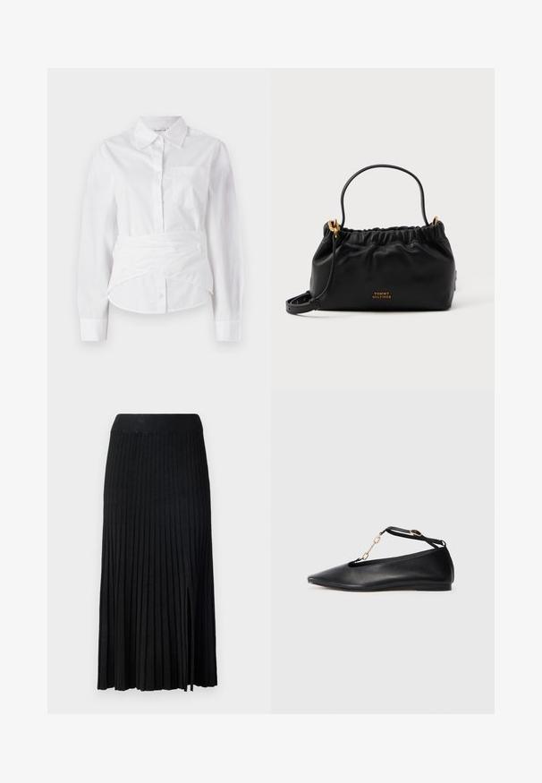 Camisa blanca de manga larga con cuello, botones en el frente, pequeño bolsillo en el pecho y diseño envolvente en la cintura. Tejido de algodón suave.; Falda midi plisada negra con cinturilla acanalada, con tejido texturizado, abertura lateral y líneas verticales en todo el diseño.; Bailarinas de cuero negro con punta afilada, diseño cortado, tira en el tobillo y detalle de cadena dorada. Textura suave, tacón minimal.; Bolso de piel negra con parte superior fruncida, una asa corta y una correa de hombro removible. Presenta un acento de logo dorado y una textura suave.