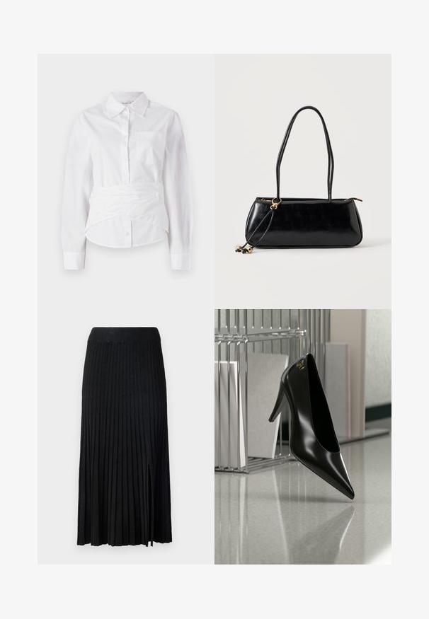 Camisa blanca de manga larga con cuello, botones en el frente, pequeño bolsillo en el pecho y diseño envolvente en la cintura. Tejido de algodón suave.; Falda midi plisada negra con cinturilla acanalada, con tejido texturizado, abertura lateral y líneas verticales en todo el diseño.; Zapato de tacón alto negro con punta afilada y logo dorado, colocado sobre una superficie reflectante cerca de un organizador de archivos de alambre cromado con documentos.; Bolso rectangular negro con dos tirantes largos, detalle de anilla dorada y cierre de cremallera sobre un fondo liso claro.