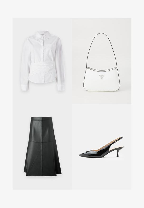 Camisa blanca de manga larga con cuello, botones en el frente, pequeño bolsillo en el pecho y diseño envolvente en la cintura. Tejido de algodón suave.; Falda de cuero negro en forma de A, con textura suave, longitud a mitad de la pantorrilla, presenta detalles de costura horizontal en la cintura y las costuras para mayor estructura.; Tacón slingback de charol negro con puntera puntiaguda, tacón pequeño tipo kitten y correa con hebilla plateada sobre un fondo blanco liso.; Bolso de mano blanco con un diseño elegante y curvado, que cuenta con una delgada correa negra y un acento de logotipo triangular plateado. Textura suave y un detalle mínimo.