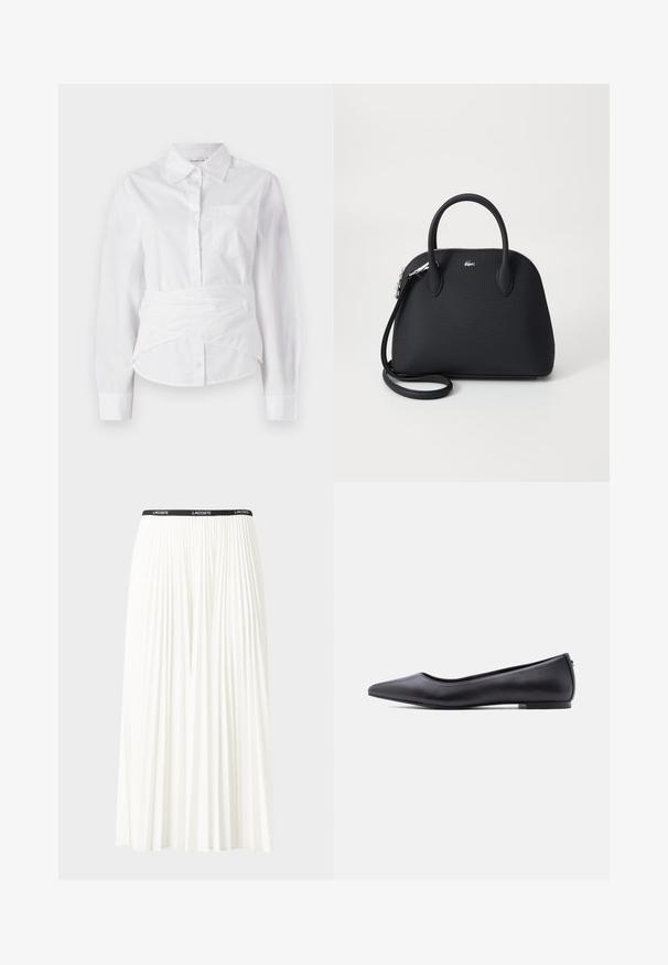 Camisa blanca de manga larga con cuello, botones en el frente, pequeño bolsillo en el pecho y diseño envolvente en la cintura. Tejido de algodón suave.; Falda blanca plisada con una cinturilla elástica negra que presenta el logotipo "LACOSTE". Diseño de longitud media con textura suave.; Zapato plano de cuero negro con punta puntiaguda y tacón bajo, mostrado de perfil contra un fondo blanco.; Bolso de mano negro hecho de un material texturizado, con dos asas superiores y una correa de hombro desmontable, con un acento de logo plateado.