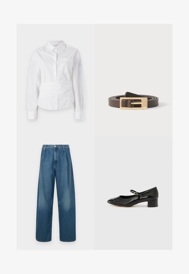 Hvid langærmet skjorte med krave, forreste knapper, lille brystlomme og indviklet design ved taljen. Glat bomuldsstof.; Vidbenede blå jeans lavet af denim, med høj talje, knaplukning foran og subtil falmning på stoffet.; ALDO DECIMA - Pumps - black; Mørkebrun læderbælte rullet med et poleret rektangulært guldspænde på en hvid baggrund.