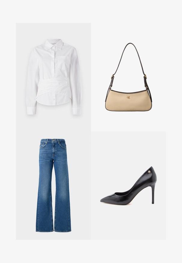 Hvid langærmet skjorte med krave, forreste knapper, lille brystlomme og indviklet design ved taljen. Glat bomuldsstof.; Bredde ben blå jeans med en falmet finish, lavet af denim, med et klassisk fem-lomme design og messingknap lukning i taljen.; Sort læderpump med høje hæle og spids tå, der har et udskåret design og en lille gulddetalje med logo på hælen.; Beige rektangulær skuldertaske med mørkebrun justerbar rem og guld "cK" logo centreret foran.