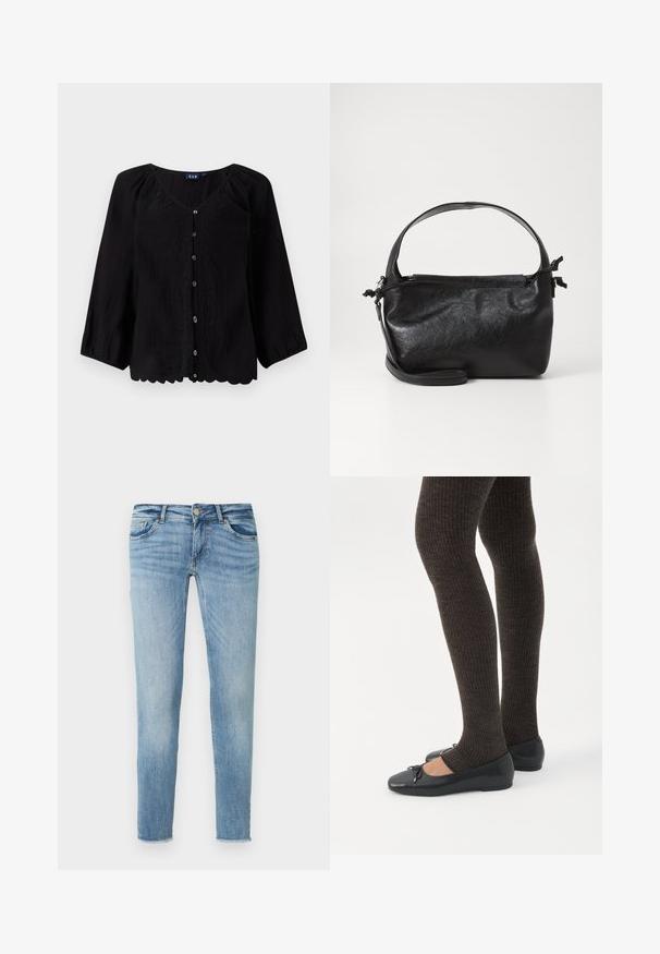 Blouse noire à boutons sur le devant avec des manches trois-quarts, col en V, tissu texturé et broderie florale sur le devant. Détail d'ourlet festonné.; Jean en denim bleu clair à coupe slim, avec cinq poches, fermeture par bouton et légère décoloration. L'ourlet est légèrement effiloché.; Jambes portant des leggings côtelés foncés associés à des ballerines noires avec de petits détails en nœud sur fond blanc.; Sac à main en cuir noir au design structuré, avec une poignée arrondie et une bandoulière amovible. Présente une texture lisse et un éclat subtil.