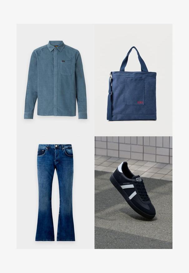 Camisa de manga larga de pana azul, con cuello tipo botonera, bolsillo frontal y un sutil branding en el bolsillo.; Jeans de mezclilla azul acampanados con lavado medio, que cuentan con cinco bolsillos, un cierre de botón y costuras visibles. Textura suave con un ligero desgaste.; Zapatilla de cuero negra con rayas blancas, suela de goma texturizada y parte frontal con cordones. Cuenta con una etiqueta de marca en la lengüeta.; Bolso tote de lona azul con bolsillo frontal y bordado rojo "O.N.S", con asas dobles y una correa ajustable para el hombro.
