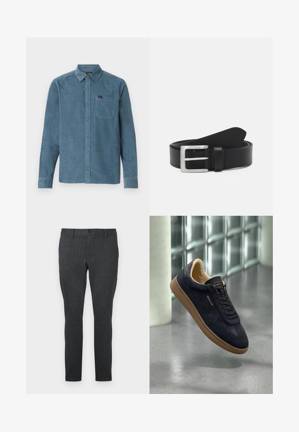 Langarmshirt van blauwe corduroy, met een button-down kraag, een frontzak en subtiele branding op de zak.; Donkergrijze broeken met een ge textured patroon, slim fit, standaard taille met een enkele knoop en rechte pijpen, ontworpen voor een moderne look.; Navy suède sneaker met een tan rubberen zool, voorzien van een ronde neus, platte veters en een reliëflogo op de tong. Minimalistisch ontwerp.; Zwarte leren riem met een gladde textuur, zilveren rechthoekige gesp en een lus voor het einde. Heeft nette stiksels langs de randen.