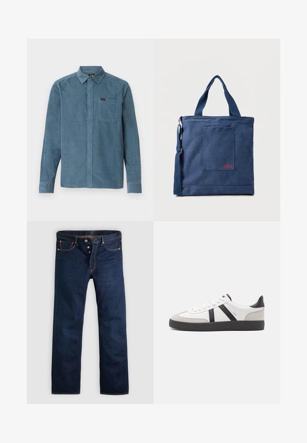 Camisa de manga larga de pana azul, con cuello tipo botonera, bolsillo frontal y un sutil branding en el bolsillo.; Vaqueros de mezclilla de color azul oscuro con corte recto, cinco bolsillos y costuras doradas. Presentan una bragueta con botones y remaches de cobre. Textura suave.; Zapatilla blanca con acentos en negro y gris, que presenta una puntera texturizada en gris, suela de goma negra y cordones planos blancos. Diseño limpio, estilo minimalista.; Bolso tote de lona azul con bolsillo frontal y bordado rojo "O.N.S", con asas dobles y una correa ajustable para el hombro.