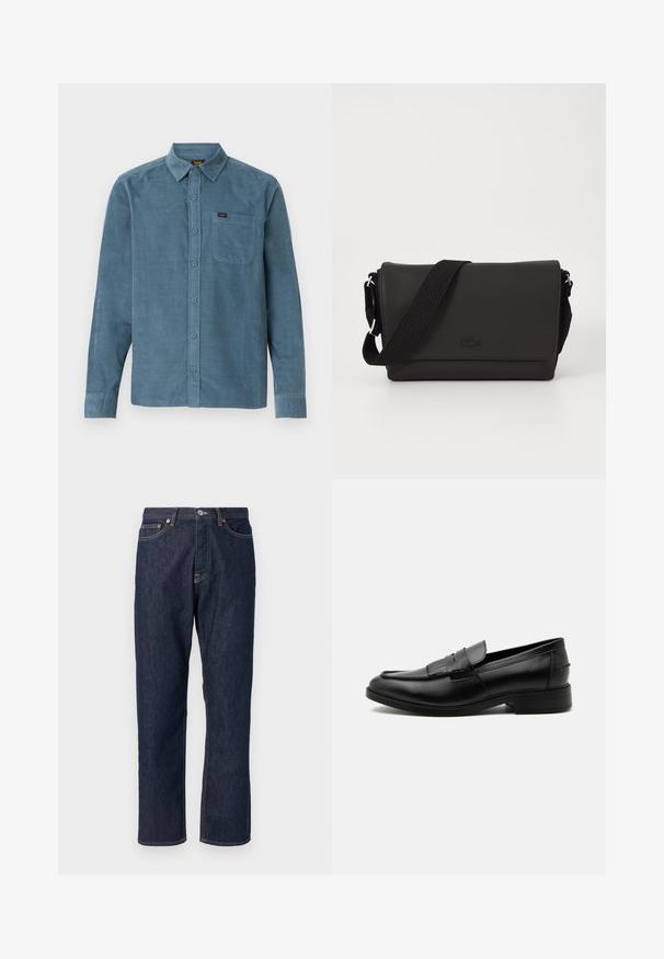 Langærmet skjorte i blå kordfløjl med button-down krave, frontlomme og subtil branding på lommen.; Mørkeblå denim jeans med lige ben-design. Har knappelukning og lynlås, fem lommer og kontraststikningsdetaljer.; Sort læder herre loafers med kvast detalje, rundet tå, lav hæl og glat poleret finish, vist fra siden på hvid baggrund.; Lacoste MESSENGER BAG MEN CLASSIC - Skuldertasker - noir