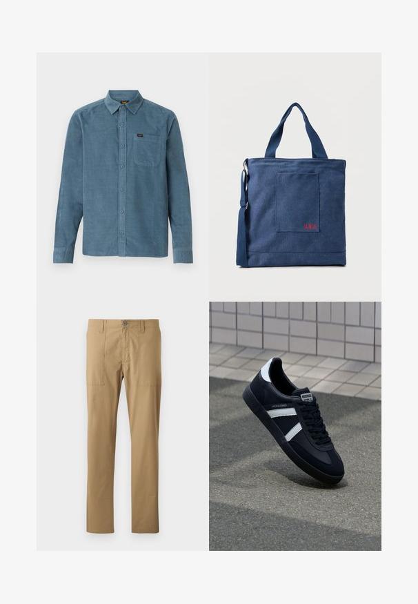 Langarmshirt van blauwe corduroy, met een button-down kraag, een frontzak en subtiele branding op de zak.; Tan chinos met een rechte pijp, gemaakt van lichtgewicht katoen, met twee voorzakken en een enkele knoopsluiting.; Zwarte leren sneaker met witte strepen, een gestructureerde rubberen zool en vetersluiting aan de voorkant. Voorzien van een merklabel op de tong.; Blauwe canvas tas met voorvak en rode "O.N.S" borduring, voorzien van dubbele handvatten en een verstelbare schouderriem.