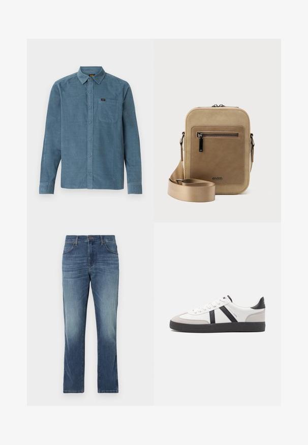 Langarmshirt van blauwe corduroy, met een button-down kraag, een frontzak en subtiele branding op de zak.; Denim jeans in een medium blauwe wassing met een rechte pijp, vijf zakken en een klassieke knoop- en ritssluiting. Vervaagde details op de dijen.; Witte sneaker met zwarte en grijze accenten, voorzien van een grijze neus met textuur, zwarte rubberen zool en platte witte veters. Schoon ontwerp, minimalistische stijl.; Kleine beige crossbodytas met een voorvak met ritssluiting, metalen ALDO-logo, verstelbare brede band en afgeronde rechthoekige vorm op een witte achtergrond.