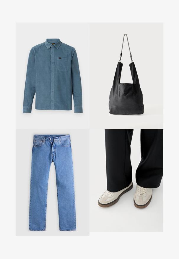 Chemise à manches longues en velours côtelé bleu, dotée d'un col boutonné, d'une poche avant et d'un branding subtil sur la poche.; Jean en denim bleu clair avec une coupe droite, cinq poches et une braguette à deux boutons. Présente un léger délavage et des coutures contrastées.; Pieds portant des baskets beige avec des semelles marron et un pantalon noir à jambes larges sur fond blanc.; Sac fourre-tout en tissu noir doux avec de larges anses et une fine bandoulière tressée noire et blanche.