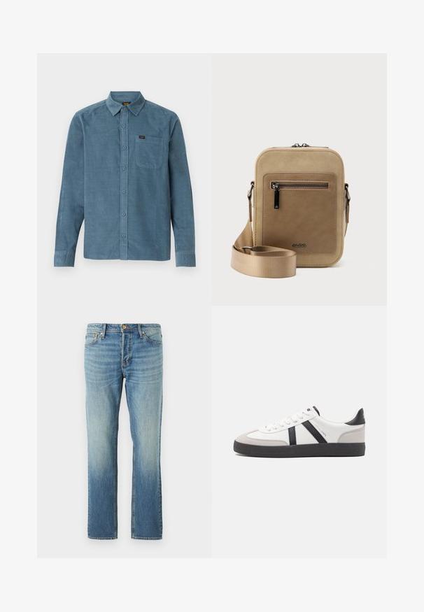 Camisa de manga larga de pana azul, con cuello tipo botonera, bolsillo frontal y un sutil branding en el bolsillo.; Jeans de mezclilla azul claro con un diseño de pierna recta, que presentan un acabado descolorido, remaches de cobre y un estilo clásico de cinco bolsillos.; Zapatilla blanca con acentos en negro y gris, que presenta una puntera texturizada en gris, suela de goma negra y cordones planos blancos. Diseño limpio, estilo minimalista.; Bolso pequeño beige tipo bandolera con bolsillo frontal con cremallera, logo metálico de ALDO, correa ancha ajustable y forma rectangular redondeada sobre fondo blanco.