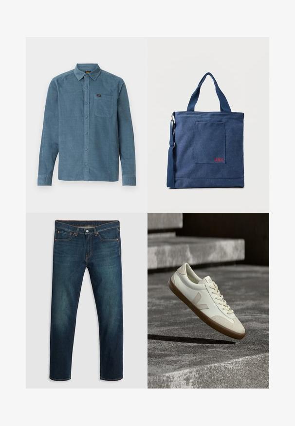 Langarmshirt van blauwe corduroy, met een button-down kraag, een frontzak en subtiele branding op de zak.; Donkerblauwe spijkerbroek met rechte pijpen, vijf zakken, koperen stiksels en een logo op de achterkant van de tailleband. Gladde textuur en klassieke pasvorm.; Witte leren sneakers met een bruine rubberen zool, platte veters en een V-vormig accent aan de zijkant. Ze hebben een glad oppervlak en minimale stikdetails.; Blauwe canvas tas met voorvak en rode "O.N.S" borduring, voorzien van dubbele handvatten en een verstelbare schouderriem.