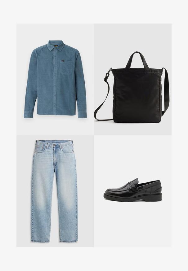 Langærmet skjorte i blå kordfløjl med button-down krave, frontlomme og subtil branding på lommen.; Lyseblå lige jeans med fem lommer, metalknaplukning og falmede detaljer ved lårene og knæene, lagt fladt på hvid baggrund.; Sorte læder loafers med en glat finish, rund tå, lav hæl og dekorativ syning langs forsiden. Gummisål for godt greb.; Sort nylon tote taske med korte håndtag og en aftagelig skulderrem, der har et slankt, quiltet design og minimalt hardware.
