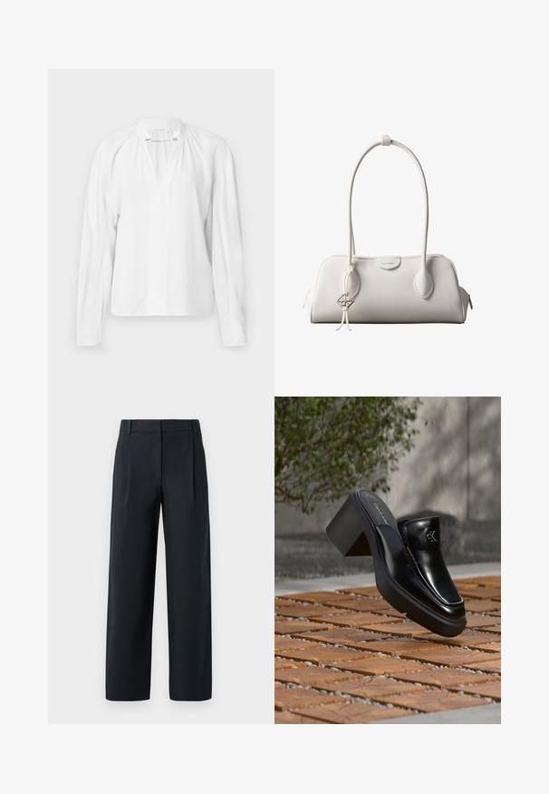 Witte blouse met lange mouwen en een V-hals, met geplooide details bij de halslijn en een gladde, lichte stof. Eenvoudig en minimalistisch ontwerp.; Zwarte op maat gemaakte broek met een rechte pijp, voorzien van voorplooien, een gladde textuur en ceintuurlussen. Geen zichtbare zakken.; Zwarte leren Calvin Klein slip-on mule met blokhak rustend op houten tegels buiten, vlak bij een groene plant en een grijze muur.; Witte Calvin Klein schoudertas met lange hengsels, rechthoekige vorm, ritssluiting en decoratieve logohanger bij het hengsel.