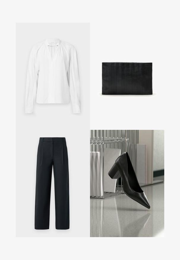 Witte blouse met lange mouwen en een V-hals, met geplooide details bij de halslijn en een gladde, lichte stof. Eenvoudig en minimalistisch ontwerp.; Zwarte op maat gemaakte broek met een rechte pijp, voorzien van voorplooien, een gladde textuur en ceintuurlussen. Geen zichtbare zakken.; Zwarte leren pumps met een spits toelopende neus en blokhak, zwevend boven een reflecterende vloer naast een metalen documenthouder met papieren.; Zwarte leren clutch met een platte rechthoekige vorm, voorzien van horizontale geribbelde details en een gladde textuur.