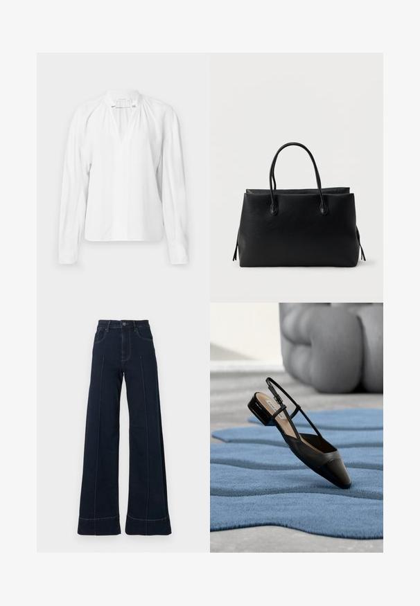 Blusa blanca de manga larga con escote en V, detalles fruncidos en el cuello y una tela suave y ligera. Diseño simple y minimalista.; Jeans de pernera ancha y de color azul oscuro con cintura alta, que cuentan con bolsillos frontales y costuras visibles. Fabricados en tejido de mezclilla con una textura suave.; Zapato slingback de charol negro con tacón bajo en bloque, descansando sobre una alfombra azul con textura ondulada y muebles acolchados grises.; Bolso tote de cuero negro con dos asas, forma rectangular y una superficie simple y texturizada sobre un fondo blanco liso.