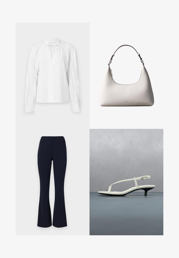 Blouse blanche à manches longues avec un col en V, des détails froncés au niveau du col et un tissu léger et lisse. Design simple et minimaliste.; Pantalons évasés bleu marine en tissu lisse, avec taille haute et léger stretch pour le confort. Aucun élément en métal ni motifs visibles.; Sandale blanche à talon kitten avec des lanières et un bout pointu, flottant au-dessus d'un sol en carrelage en bois en plein air avec un arrière-plan flou de plante et de mur.; Sac à bandoulière en cuir couleur crème de Calvin Klein avec bord supérieur incurvé, fermeture éclair argentée et sangle ajustable brun foncé.