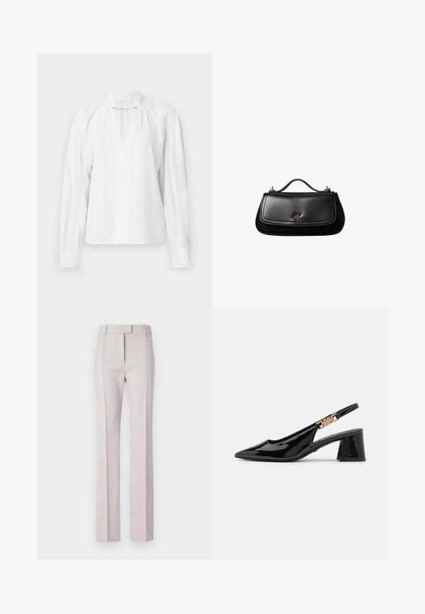 Witte blouse met lange mouwen en een V-hals, met geplooide details bij de halslijn en een gladde, lichte stof. Eenvoudig en minimalistisch ontwerp.; Lichtroze op maat gemaakte broeken met een rechte snit, voorzien van een knoopsluiting, twee voorzakken en gepreste plooien voor structuur.; Zwarte gepatineerde leren slingback pumps met een spitse neus en goudkleurige hardware op de band, met een blokhak. Glad textuur.; Zwarte leren handtas met een klein handvat, goudkleurig "cK"-logo op de voorflap en gouden hardware-accenten.