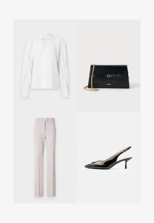 Witte blouse met lange mouwen en een V-hals, met geplooide details bij de halslijn en een gladde, lichte stof. Eenvoudig en minimalistisch ontwerp.; Lichtroze op maat gemaakte broeken met een rechte snit, voorzien van een knoopsluiting, twee voorzakken en gepreste plooien voor structuur.; Zwarte lakleren slingback hak met spitse neus, kleine kittenhak en zilveren gespsluiting op een effen witte achtergrond.; Zwarte leren handtas met een gouden kettingriem, rechthoekige vorm, geperste accenten op het klepje en een gouden logo aan de voorkant.